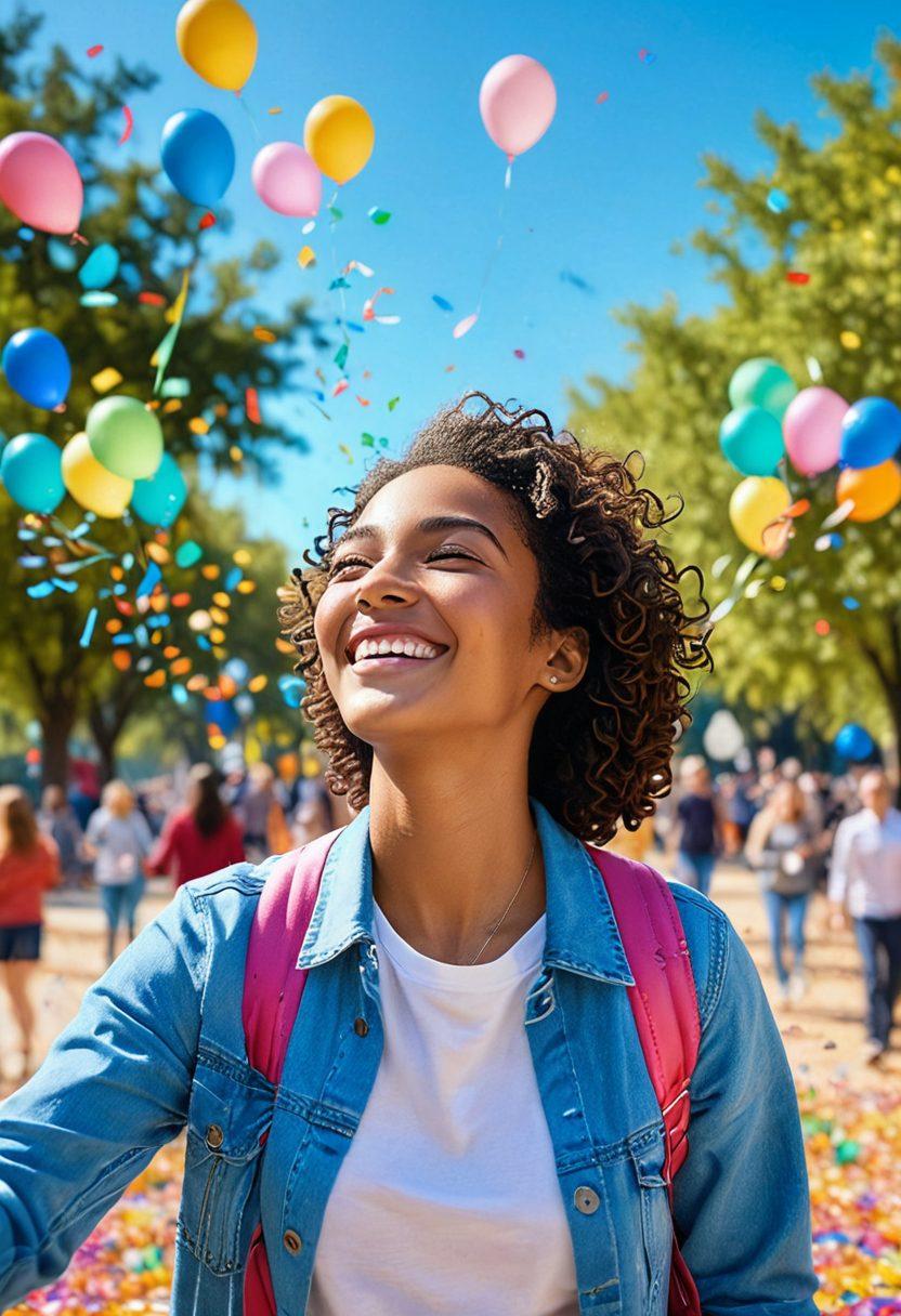 A vibrant scene depicting a person transitioning from a cheerful state to an ecstatic one, surrounded by colorful burst of confetti and balloons. Elements of everyday life, like a coffee cup and a sunny park, morph into dazzling lights and joyful expressions. The colors shift from warm pastels to bright and exhilarating hues symbolizing joy. A backdrop of a clear blue sky enhances the uplifting mood. super-realistic. vibrant colors.