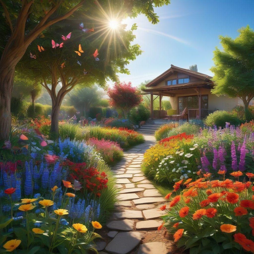 A serene landscape depicting a sunlit garden filled with colorful flowers and a clear blue sky, featuring a diverse group of people joyfully sharing moments of appreciation with each other, while soft rays illuminate their smiles. Include elements of nature, like butterflies and birds, to symbolize freedom and happiness. super-realistic. vibrant colors. 3D.