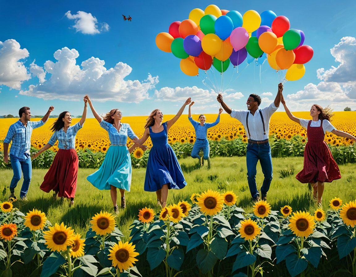 A bright and vibrant scene depicting diverse people engaged in joyful activities, such as dancing, gardening, and laughing together under a sunny sky filled with colorful balloons. Incorporate symbols of positivity like sunflowers, butterflies, and hearts, evoking a sense of whimsy and bliss. The background features open green fields and a radiant sun shining down, illustrating the essence of a cheerful life. super-realistic. vibrant colors. cheerful atmosphere.